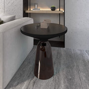 Tully 19-Inch Round Glass/Stone Side Table with Iron Rim Frame and Glass Base Black Glass Grey Black Side Table Leisuremod