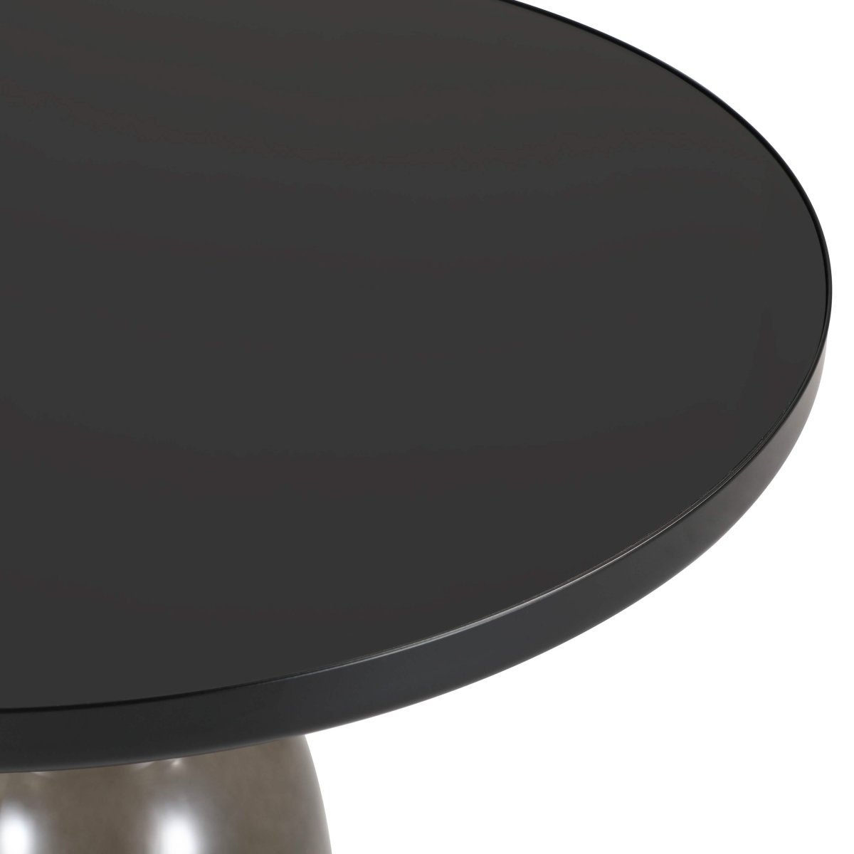 Tully 19-Inch Round Glass/Stone Side Table with Iron Rim Frame and Glass Base Black Glass Grey Black Side Table Leisuremod