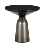 Tully 19-Inch Round Glass/Stone Side Table with Iron Rim Frame and Glass Base Black Glass Grey Black Side Table Leisuremod