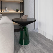 Tully 19-Inch Round Glass/Stone Side Table with Iron Rim Frame and Glass Base Black Glass Green Black Side Table Leisuremod