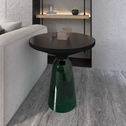Tully 19-Inch Round Glass/Stone Side Table with Iron Rim Frame and Glass Base Black Glass Green Black Side Table Leisuremod