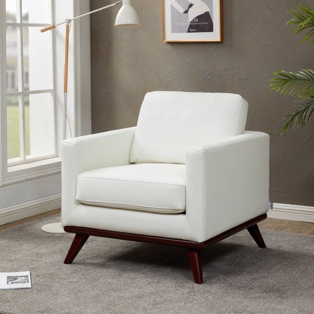 Chester Modern Leather/Mesh Accent Arm Chair With Birch Wood Base Leather White Sofa Leisuremod