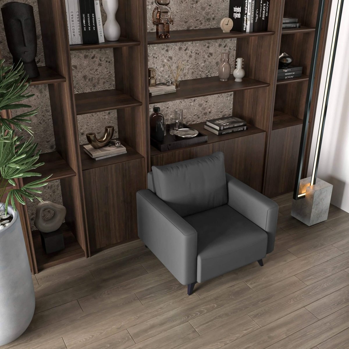 Inno Single-Seater Leather Sofa with Stainless Steel Legs and Removable Cushions Grey Sofa Leisuremod