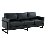 Lincoln 3-Seater Sofa Upholstered in Velvet/Leather with Black/Silver/Gold Steel Base Leather Black Black Sofa LeisureMod