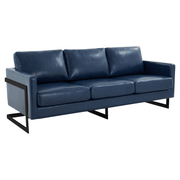 Lincoln 3-Seater Sofa Upholstered in Velvet/Leather with Black/Silver/Gold Steel Base Leather Black Blue Sofa LeisureMod