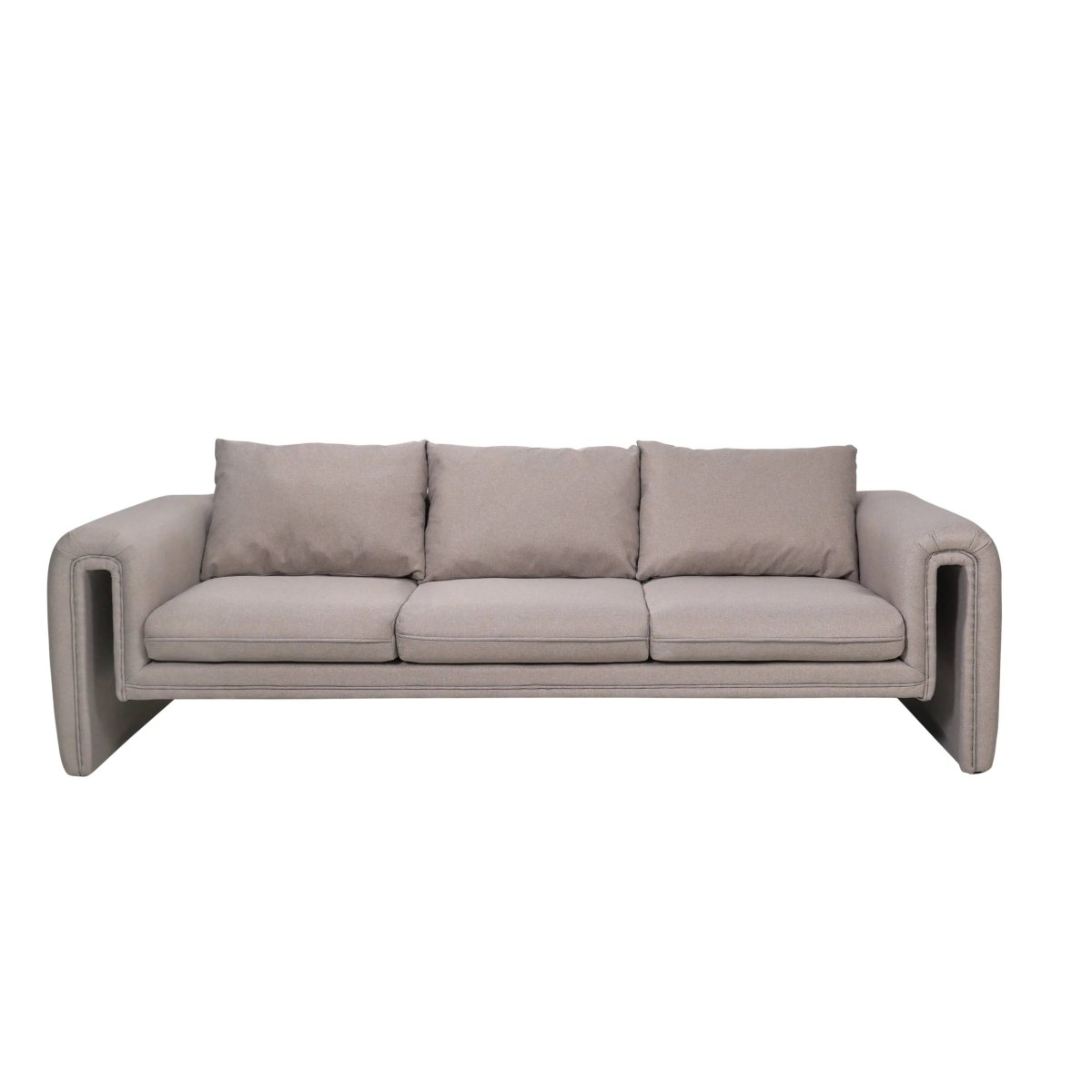 Ely Three-Seater Sofa Upholstered in Linen with Iron Frame and Removable Cushions Light Brown Sofa LeisureMod