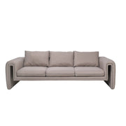 Ely Three-Seater Sofa Upholstered in Linen with Iron Frame and Removable Cushions Light Brown Sofa LeisureMod
