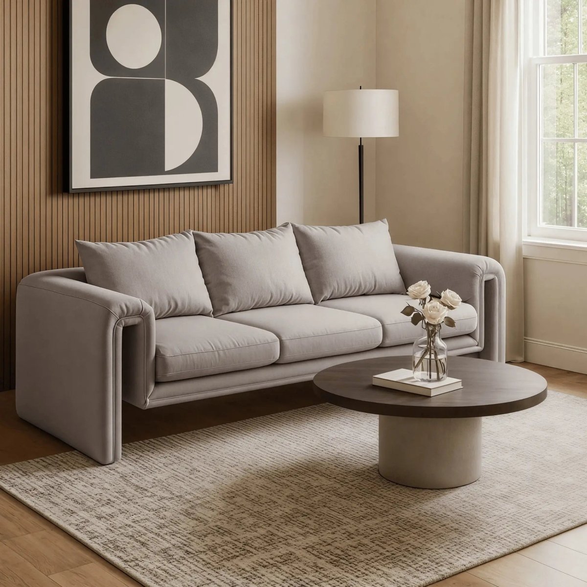 Ely Three-Seater Sofa Upholstered in Linen with Iron Frame and Removable Cushions Light Brown Sofa LeisureMod