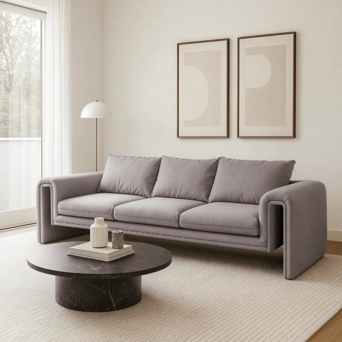 Ely Three-Seater Sofa Upholstered in Linen with Iron Frame and Removable Cushions Light Brown Sofa LeisureMod