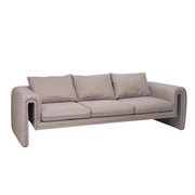 Ely Three-Seater Sofa Upholstered in Linen with Iron Frame and Removable Cushions Light Brown Sofa LeisureMod