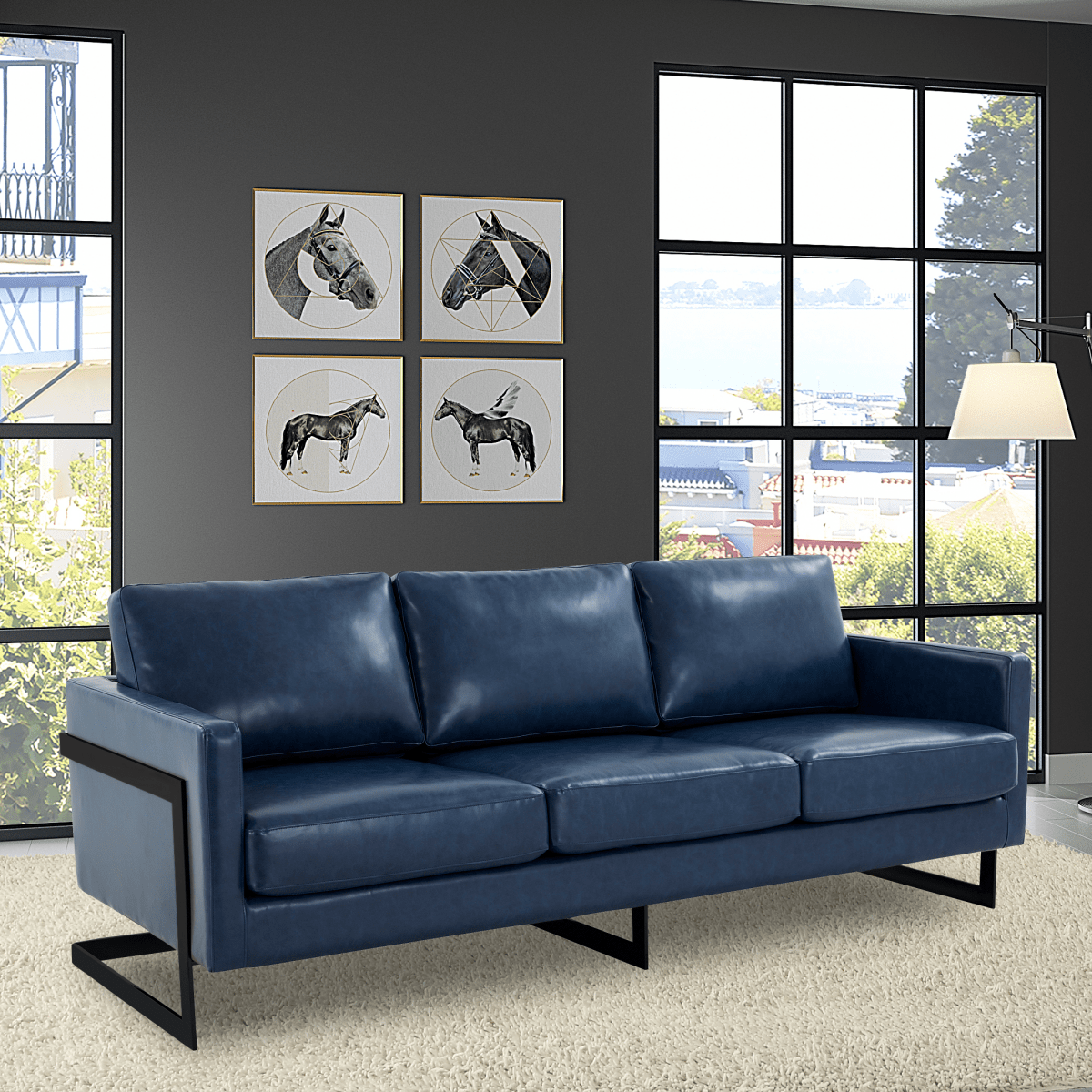 Lincoln 3-Seater Sofa Upholstered in Velvet/Leather with Black/Silver/Gold Steel Base Leather Black Blue Sofa LeisureMod