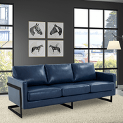 Lincoln 3-Seater Sofa Upholstered in Velvet/Leather with Black/Silver/Gold Steel Base Leather Black Blue Sofa LeisureMod