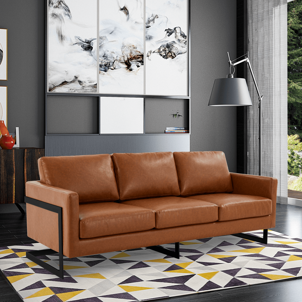 Lincoln 3-Seater Sofa Upholstered in Velvet/Leather with Black/Silver/Gold Steel Base Leather Black Brown Sofa LeisureMod