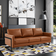 Lincoln 3-Seater Sofa Upholstered in Velvet/Leather with Black/Silver/Gold Steel Base Leather Black Brown Sofa LeisureMod