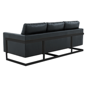 Lincoln 3-Seater Sofa Upholstered in Velvet/Leather with Black/Silver/Gold Steel Base Leather Black Black Sofa LeisureMod