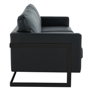 Lincoln 3-Seater Sofa Upholstered in Velvet/Leather with Black/Silver/Gold Steel Base Leather Black Black Sofa LeisureMod