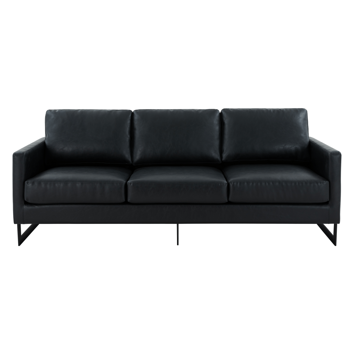 Lincoln 3-Seater Sofa Upholstered in Velvet/Leather with Black/Silver/Gold Steel Base Leather Black Black Sofa LeisureMod