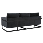 Lincoln 3-Seater Sofa Upholstered in Velvet/Leather with Black/Silver/Gold Steel Base Velvet Black Midnight Black Sofa LeisureMod