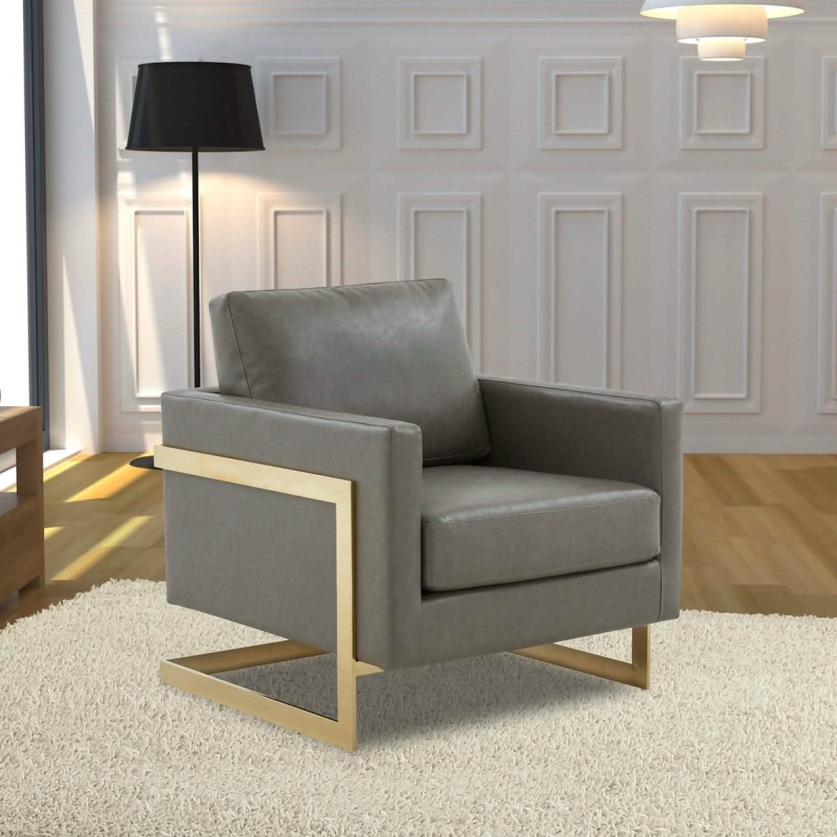 Lincoln Modern Upholstered in Fabric Single Seater Sofa With Gold/Black/White Metal Frame Leather Gold Grey Sofa Leisuremod