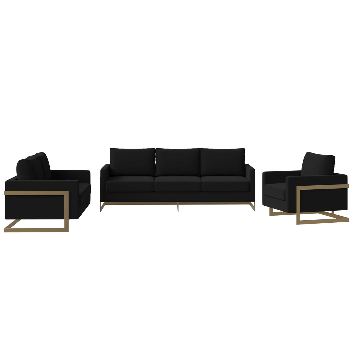 Lincoln 3-Piece Sofa Set Upholstered in Leather/Velvet Accent Chair with Gold Stainless Steel Frame Velvet Midnight Black Sofa Set Leisuremod