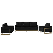 Lincoln 3-Piece Sofa Set Upholstered in Leather/Velvet Accent Chair with Gold Stainless Steel Frame Velvet Midnight Black Sofa Set Leisuremod