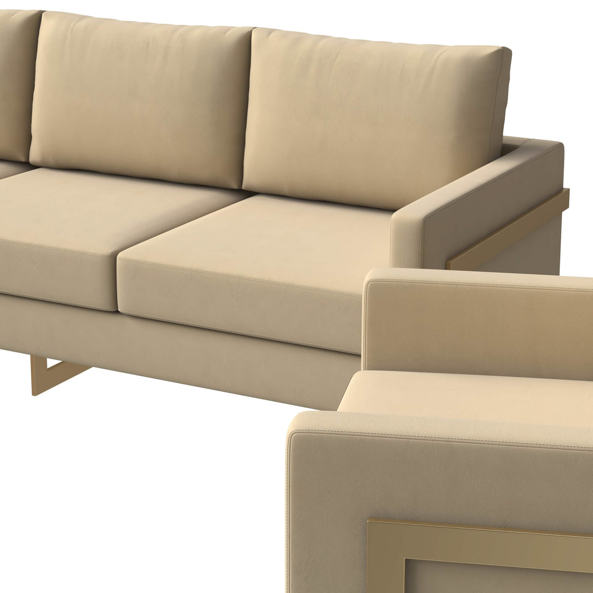 Lincoln 3-Piece Sofa Set Upholstered in Leather/Velvet Accent Chair with Gold Stainless Steel Frame Velvet Beige Sofa Set Leisuremod