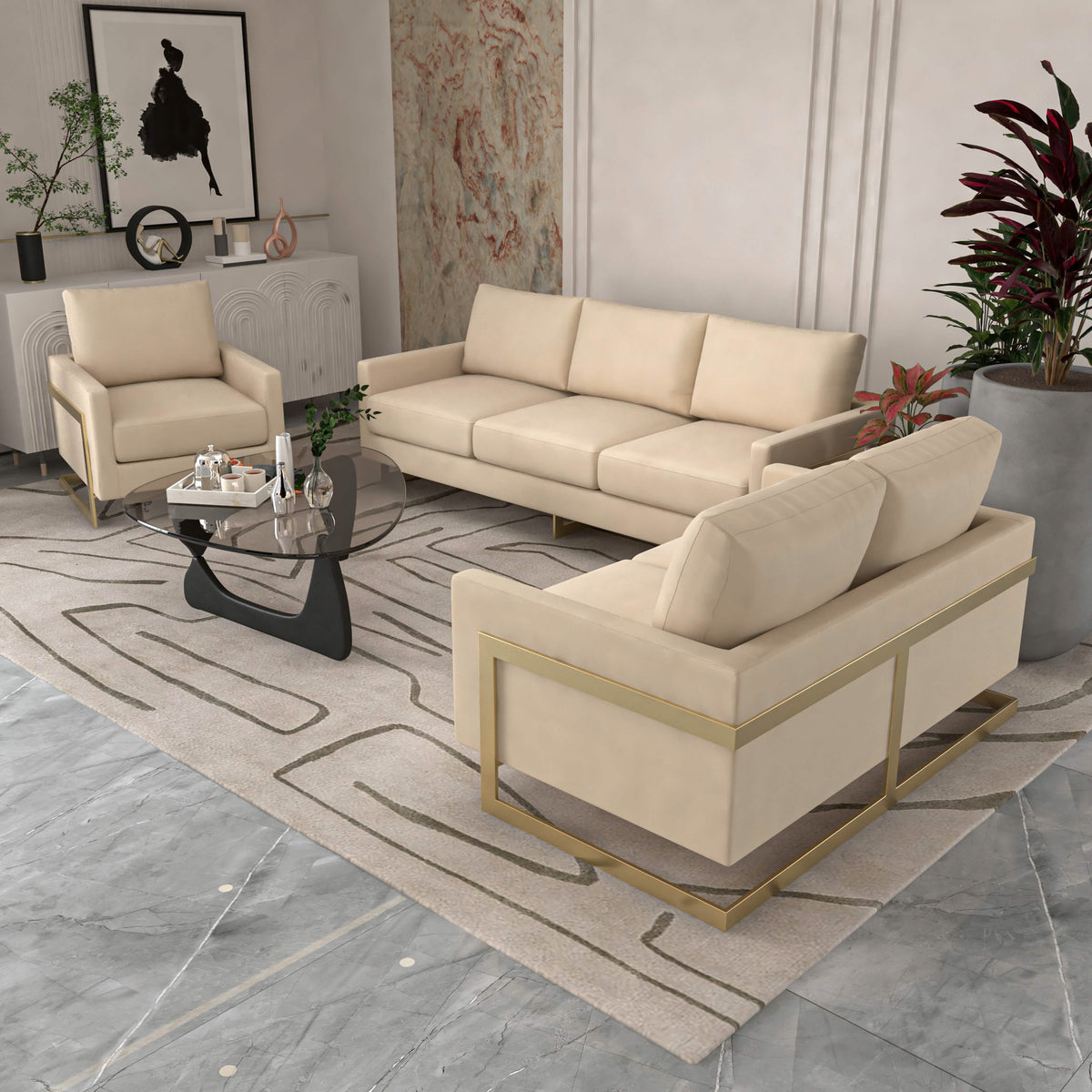 Lincoln 3-Piece Sofa Set Upholstered in Leather/Velvet Accent Chair with Gold Stainless Steel Frame Velvet Beige Sofa Set Leisuremod