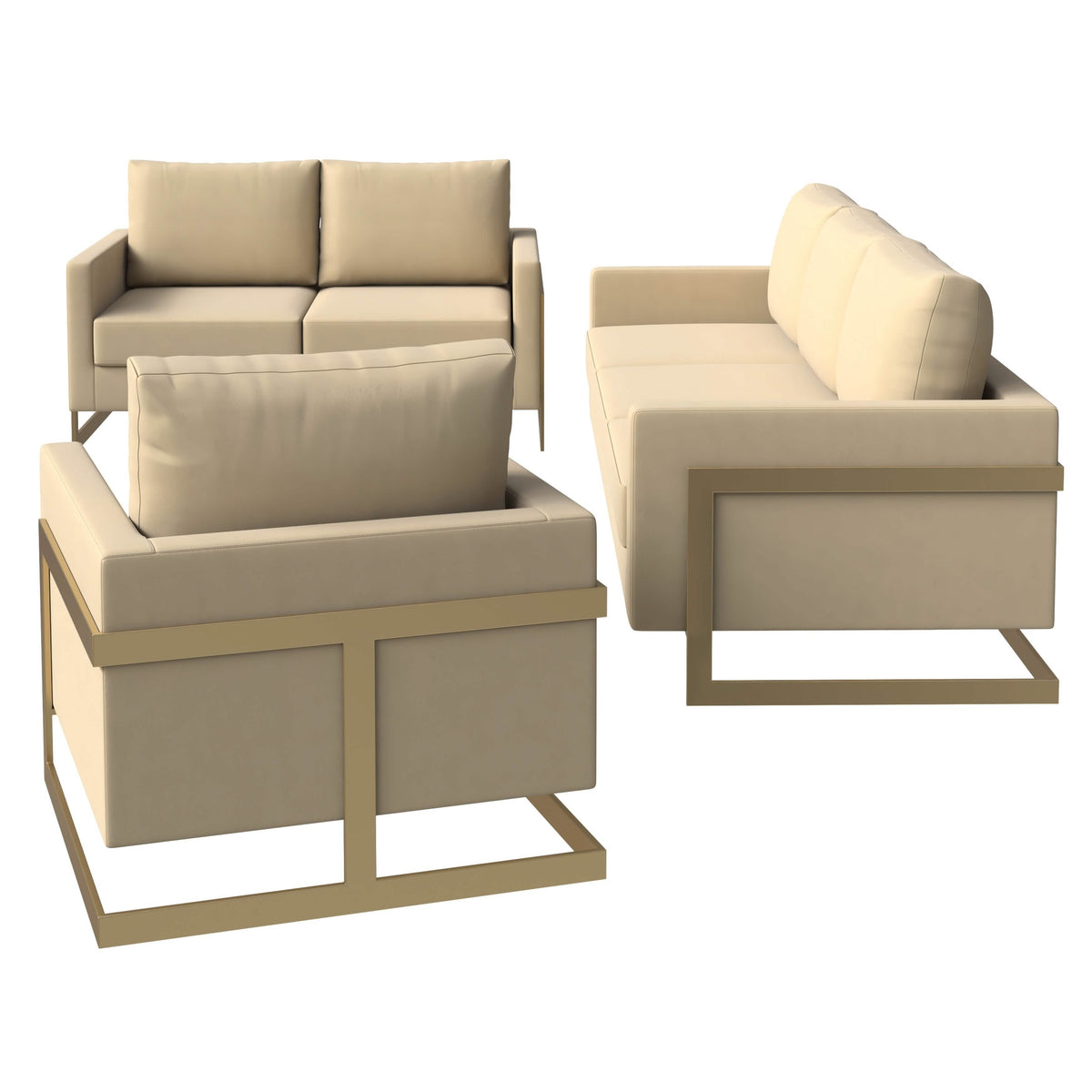 Lincoln 3-Piece Sofa Set Upholstered in Leather/Velvet Accent Chair with Gold Stainless Steel Frame Velvet Beige Sofa Set Leisuremod