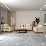 Lincoln 3-Piece Sofa Set Upholstered in Leather/Velvet Accent Chair with Gold Stainless Steel Frame Velvet Beige Sofa Set Leisuremod