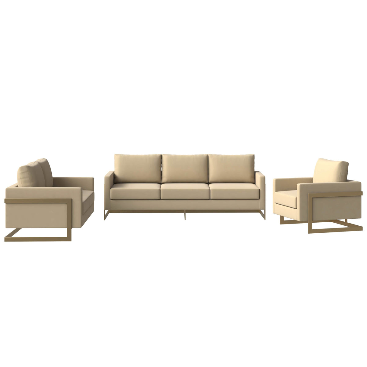Lincoln 3-Piece Sofa Set Upholstered in Leather/Velvet Accent Chair with Gold Stainless Steel Frame Velvet Beige Sofa Set Leisuremod