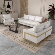 Lincoln 3-Piece Sofa Set Upholstered in Leather/Velvet Accent Chair with Gold Stainless Steel Frame Leather White Sofa Set Leisuremod
