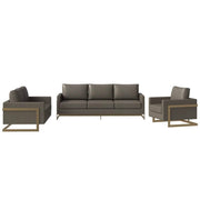 Lincoln 3-Piece Sofa Set Upholstered in Leather/Velvet Accent Chair with Gold Stainless Steel Frame Leather Grey Sofa Set Leisuremod