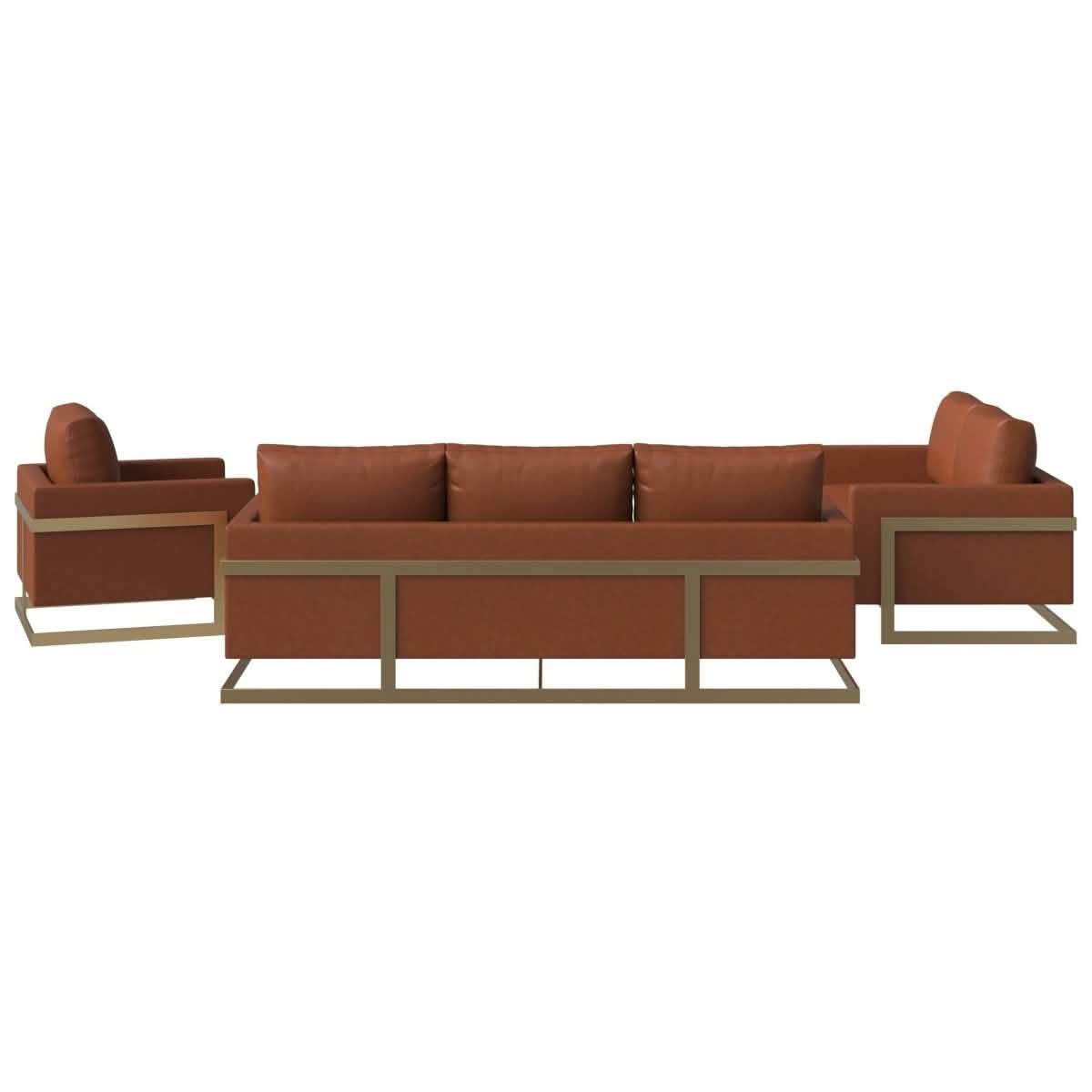 Lincoln 3-Piece Sofa Set Upholstered in Leather/Velvet Accent Chair with Gold Stainless Steel Frame Leather Cognac Tan Sofa Set Leisuremod