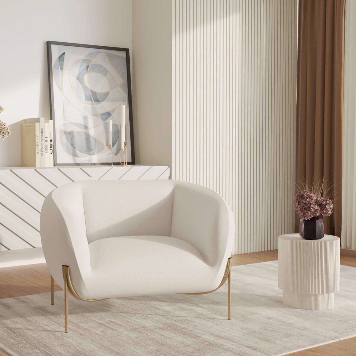 Zuno Upholstered Single Seater Sofa in Velvet with Gold Iron Legs White Sofa Leisuremod