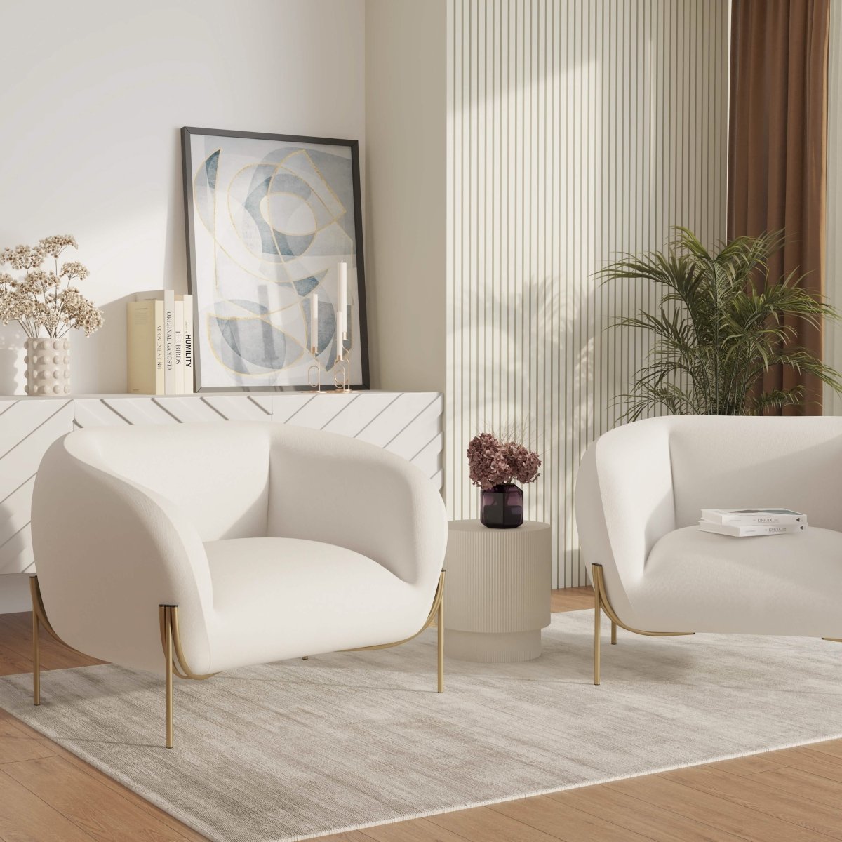 Zuno Upholstered Single Seater Sofa in Velvet with Gold Iron Legs White Sofa Leisuremod