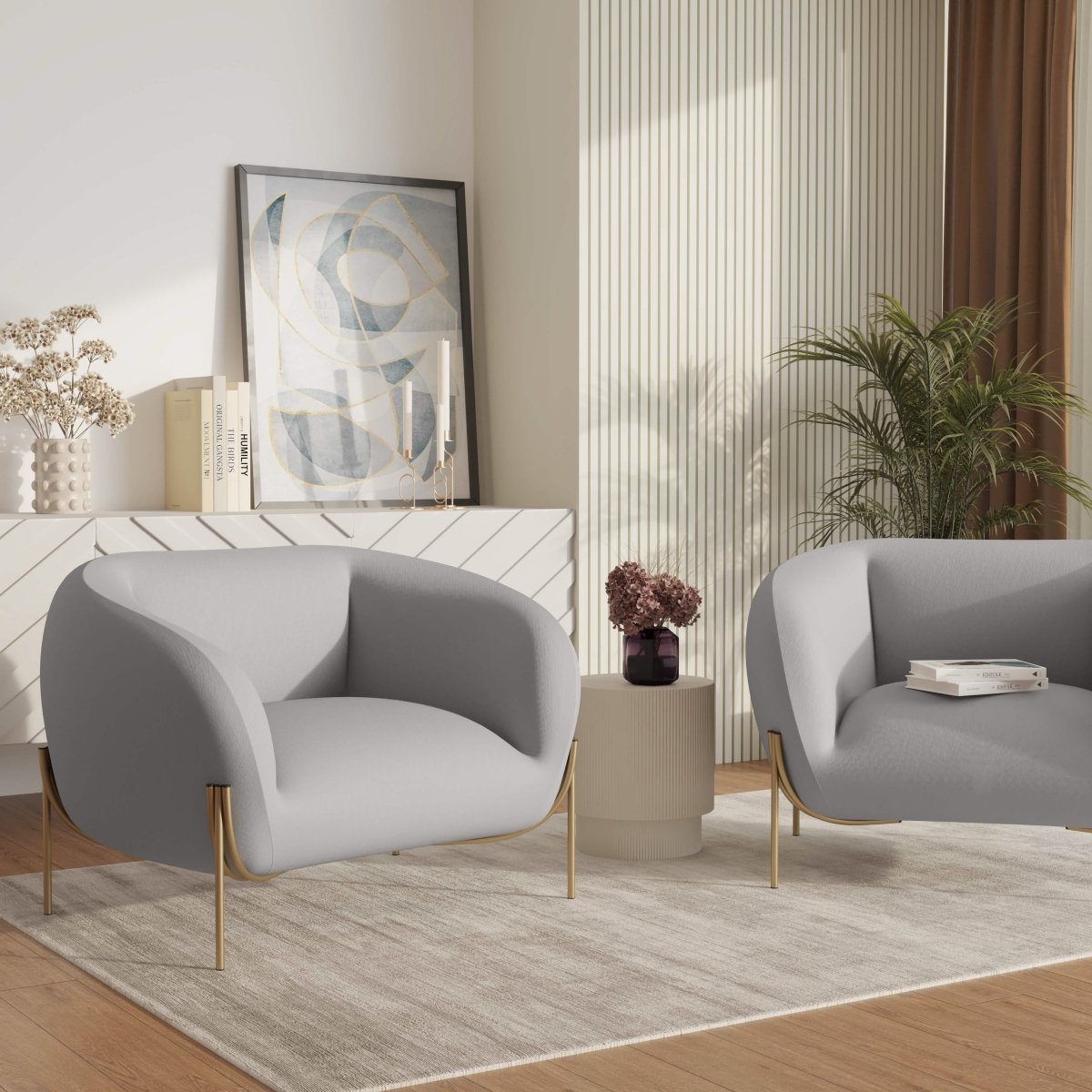 Zuno Upholstered Single Seater Sofa in Velvet with Gold Iron Legs Light Grey Sofa Leisuremod