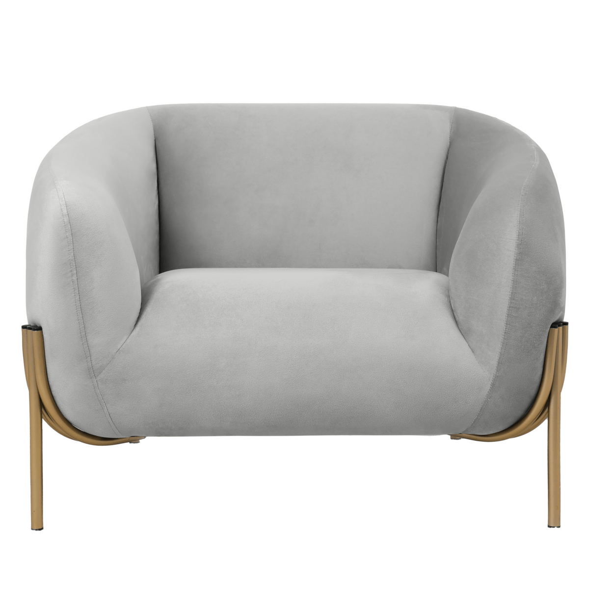 Zuno Upholstered Single Seater Sofa in Velvet with Gold Iron Legs Light Grey Sofa Leisuremod