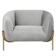 Zuno Upholstered Single Seater Sofa in Velvet with Gold Iron Legs Light Grey Sofa Leisuremod