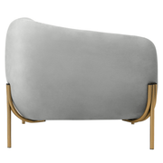 Zuno Upholstered Single Seater Sofa in Velvet with Gold Iron Legs Light Grey Sofa Leisuremod