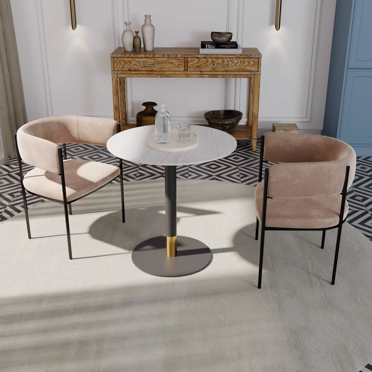 Vail Collection Dining Table Black Base With 27"/36" Round Black MDF Wood/Sintered Stone Top 36 Inches Light Wood Brown Wood Dining Table Leisuremod