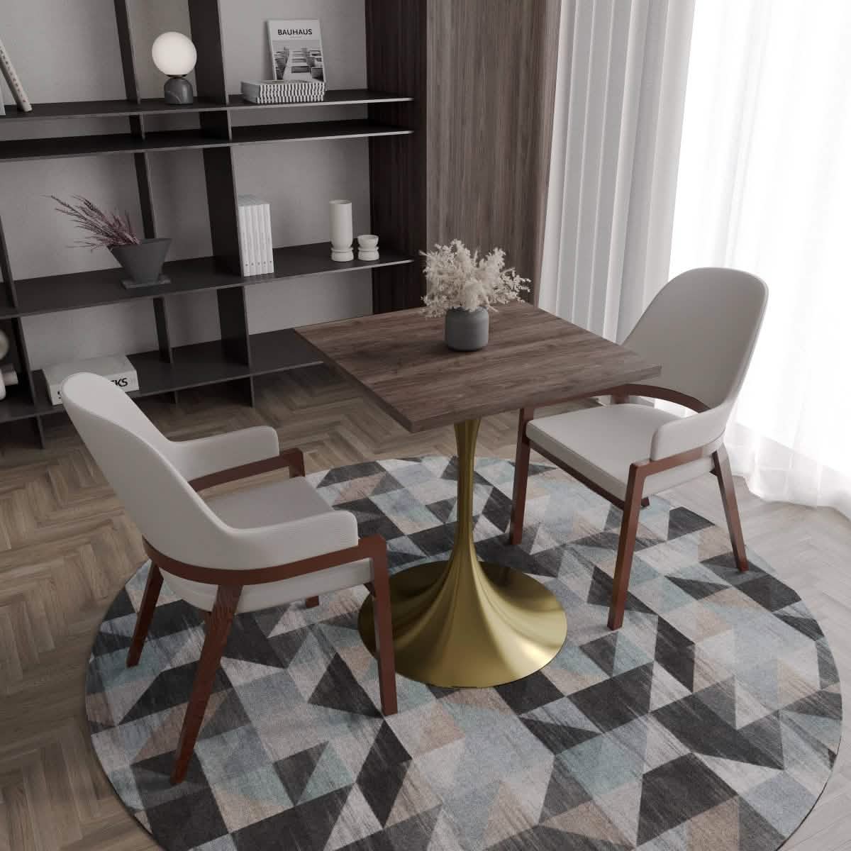Verve Collection 24"Square Dining Table, Black/White/Brushed Gold Base with MDF Top 27 Inch Brushed Gold Dark Maple Wood Dining Table Leisuremod