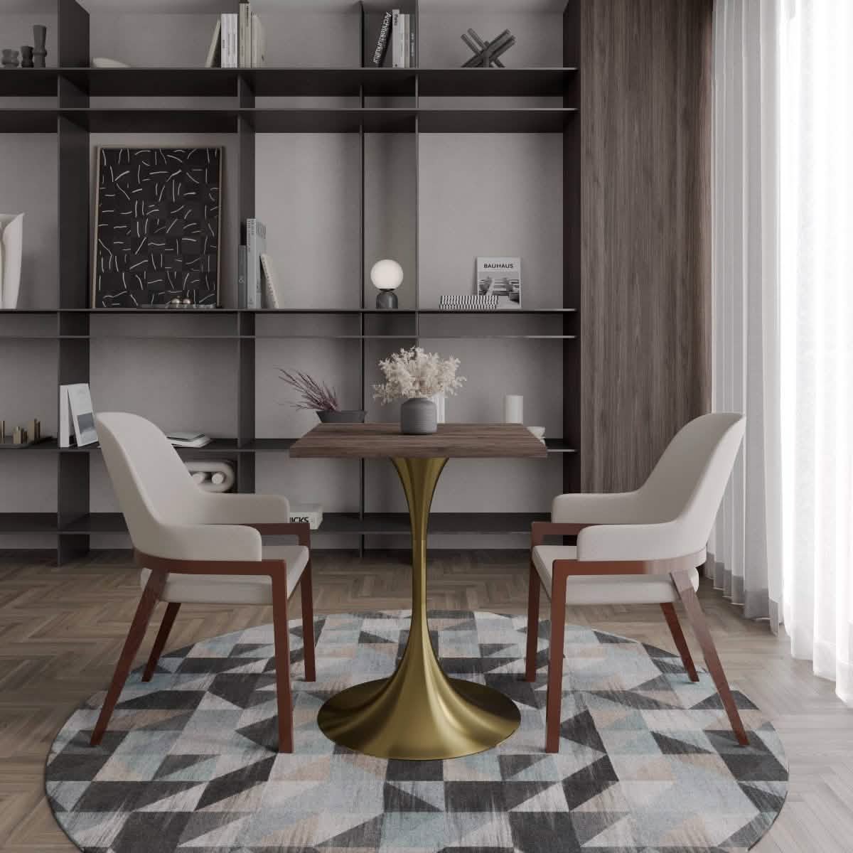 Verve Collection 24"Square Dining Table, Black/White/Brushed Gold Base with MDF Top 27 Inch Brushed Gold Dark Maple Wood Dining Table Leisuremod