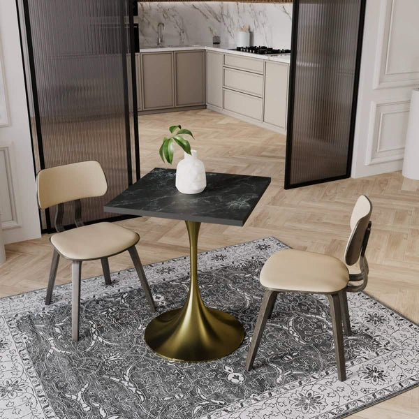 Verve Collection 24"Square Dining Table, Black/White/Brushed Gold Base with MDF Top