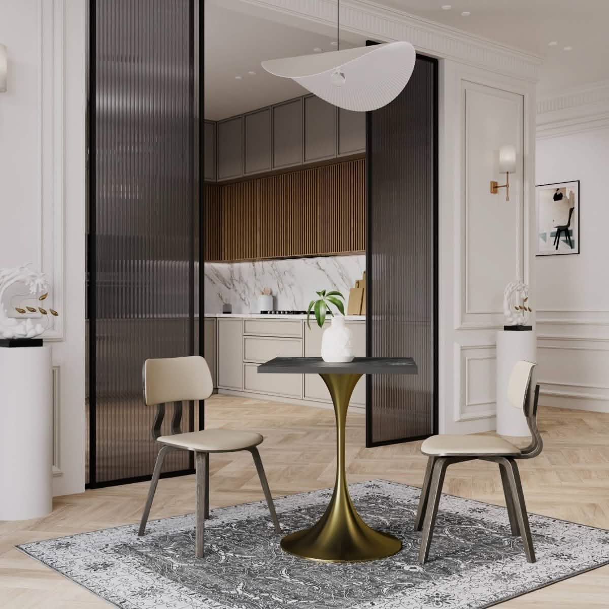 Verve Collection 24"Square Dining Table, Black/White/Brushed Gold Base with MDF Top 27 Inch Brushed Gold Black Wood Dining Table Leisuremod