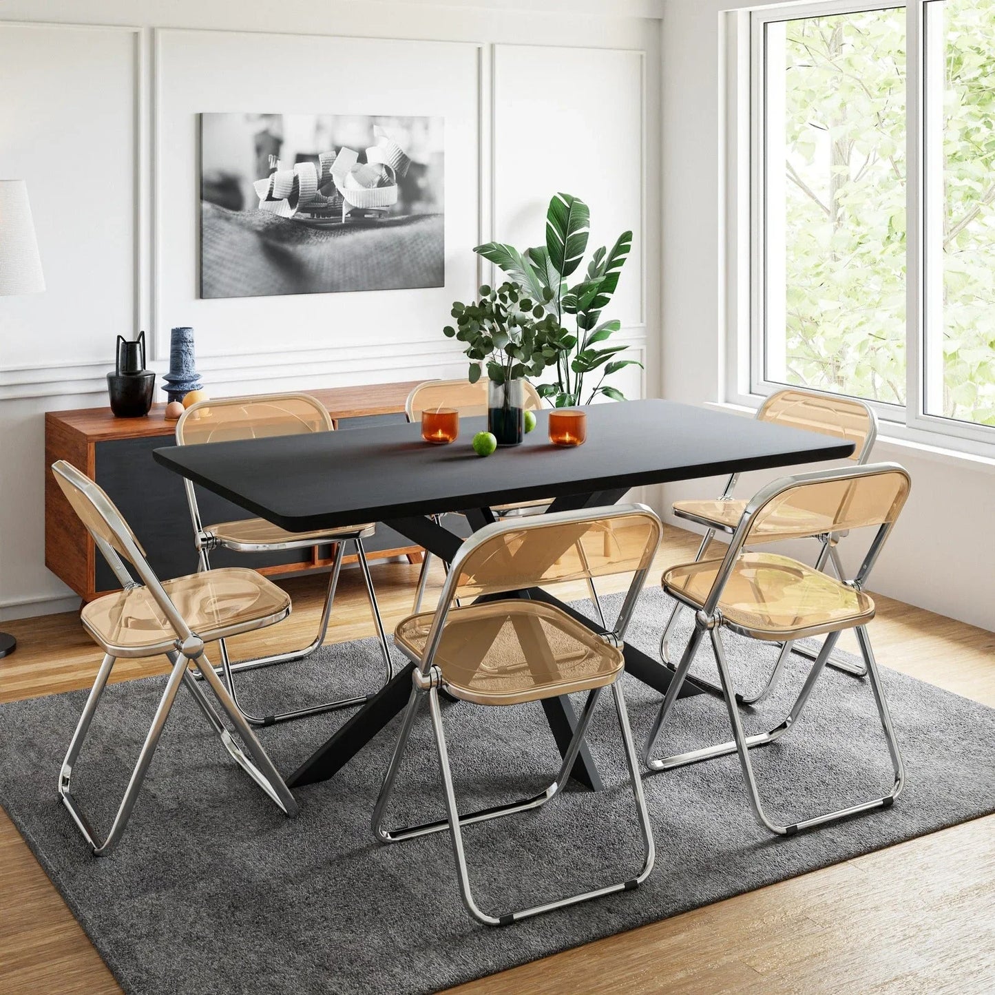 Lawrence 7-Piece Dining Set: Folding Acrylic Chairs & Rectangular Wood Table with Geometric Base - Elax Furniture