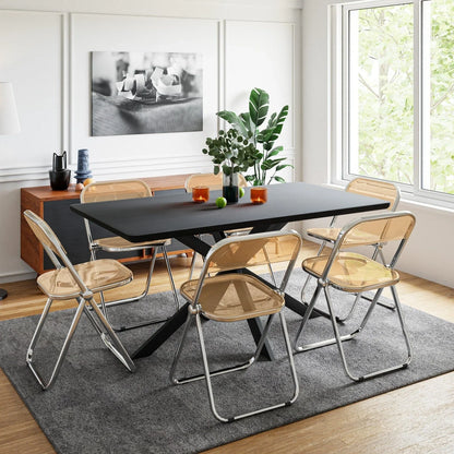 Lawrence 7-Piece Dining Set: Folding Acrylic Chairs & Rectangular Wood Table with Geometric Base - Elax Furniture