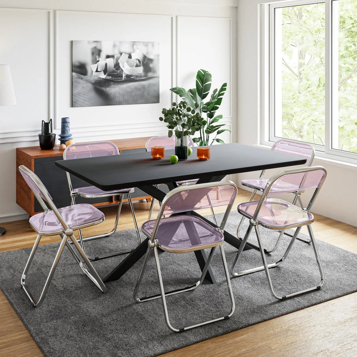 Lawrence 7-Piece Dining Set: Folding Acrylic Chairs & Rectangular Wood Table with Geometric Base - Elax Furniture