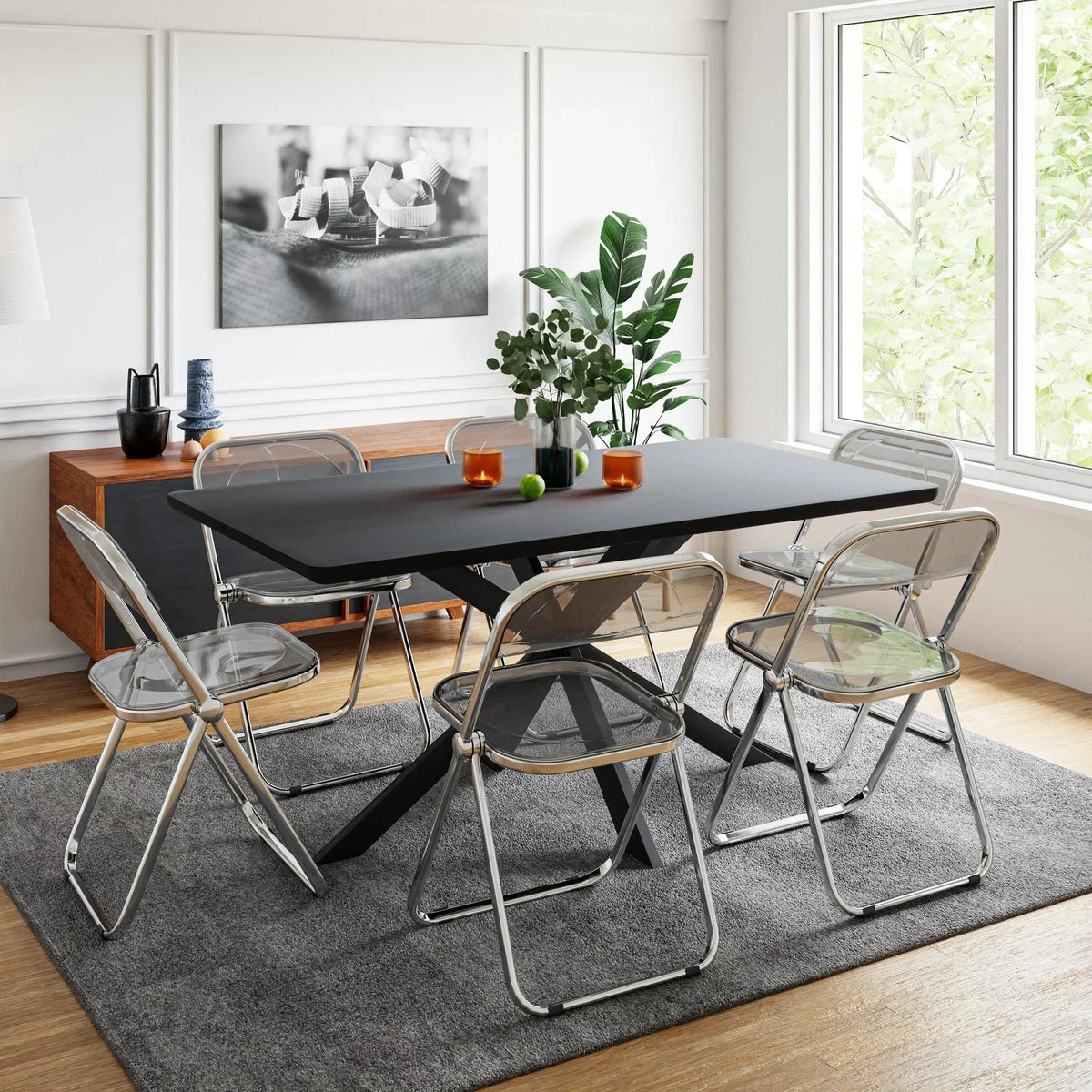 Lawrence 7-Piece Dining Set: Folding Acrylic Chairs & Rectangular Wood Table with Geometric Base - Elax Furniture