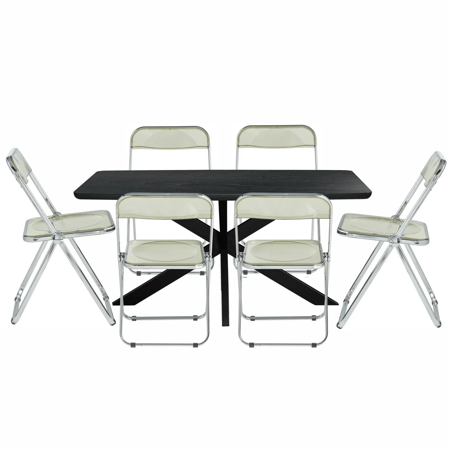 Lawrence 7-Piece Dining Set: Folding Acrylic Chairs & Rectangular Wood Table with Geometric Base - Elax Furniture