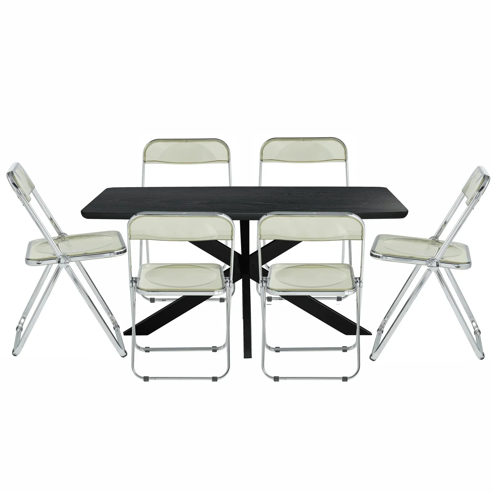 Lawrence 7-Piece Dining Set: Folding Acrylic Chairs & Rectangular Wood Table with Geometric Base - Elax Furniture